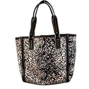 Talbots Bag Purse Canvas Patent Leather Cowhide Pattern White Black Pockets 12”